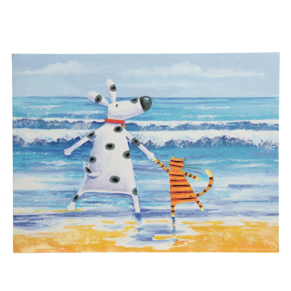 Peter Adderley Art 12x16 Canvas Artist Retouched Whimsical Beach Playful Cat Dog